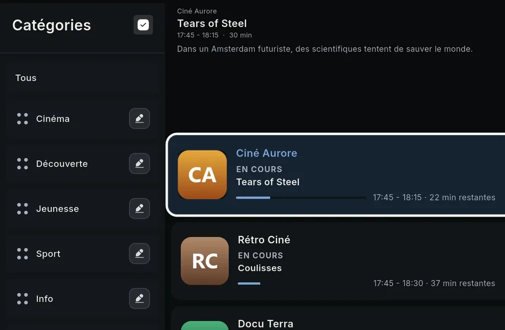 Catégories de chaînes en direct, réordonnables par glisser-déposer