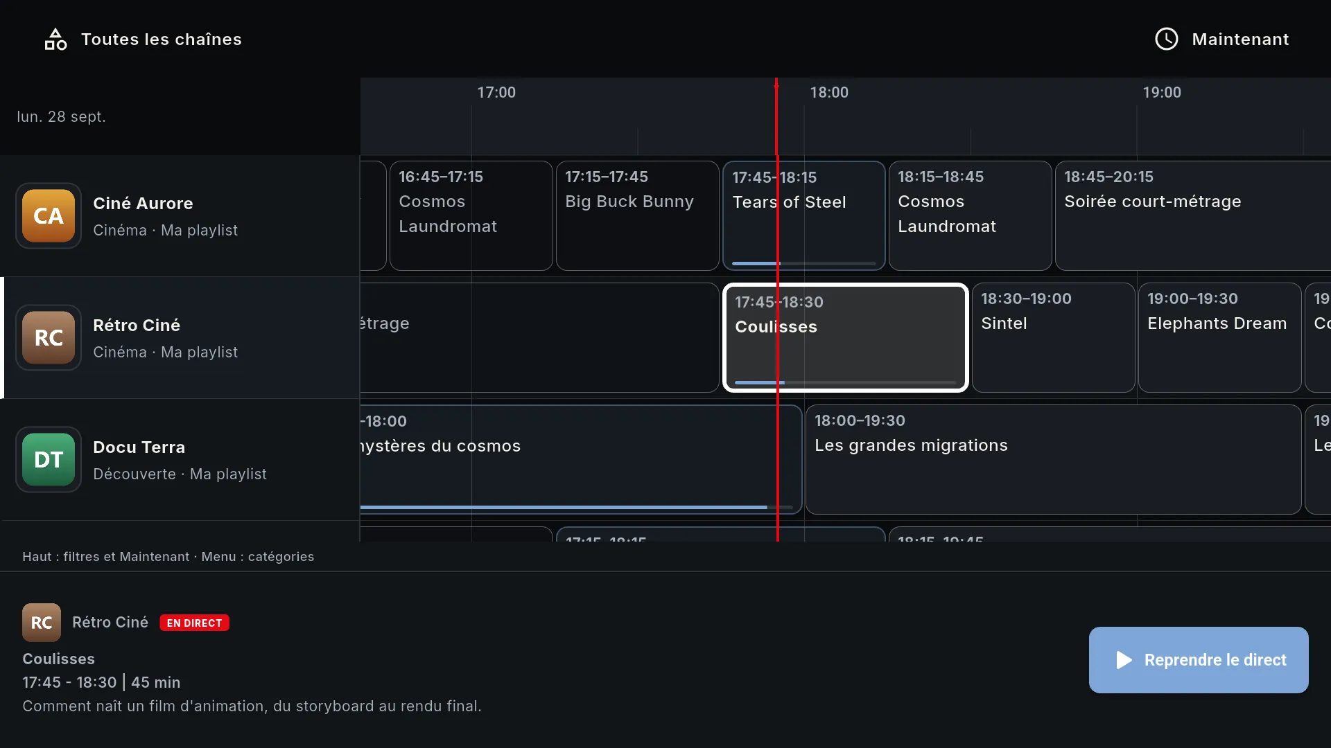 Guide électronique des programmes EPG avec grille horaire en direct